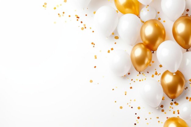 Vista superior de un diseño festivo con globos blancos y dorados, confeti y una celebración de cumpleaños