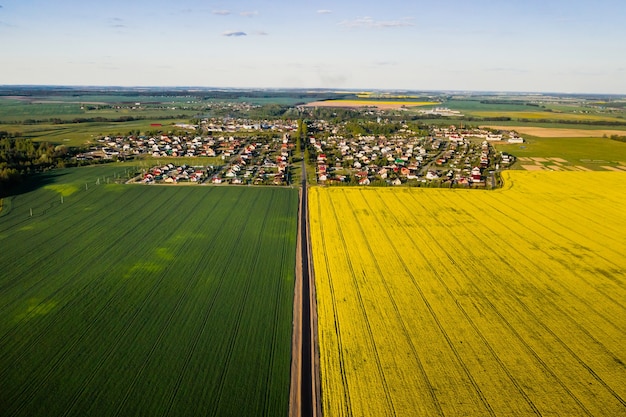 Vista superior do campo de colza amarela e da aldeia