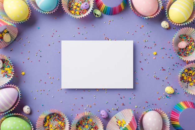 Vista superior do cartão branco brilhante colorido minúsculo granulado estrelas com muitos ovos de arco-íris tamanho diferente em copos de papel cupcake no fundo violeta pastel