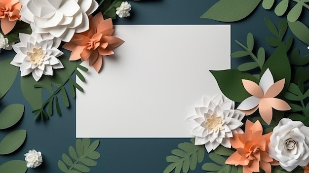 Vista superior do cartão branco em branco na flor de papel multicolorido Generative AI