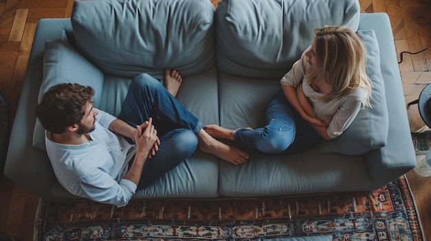 Foto vista superior do casal sentado no sofá e lendo um livro