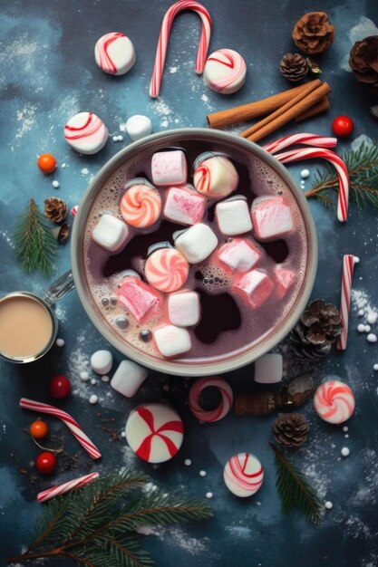 Vista superior do chocolate quente com marshmallows e bastões de doces criados com generative ai