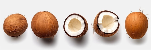 Vista superior do coco Conjunto de coco inteiro e meio fresco e fatias isoladas em fundo branco Generativo ai