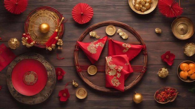Vista superior do conceito de ano novo chinês em mesa de madeira