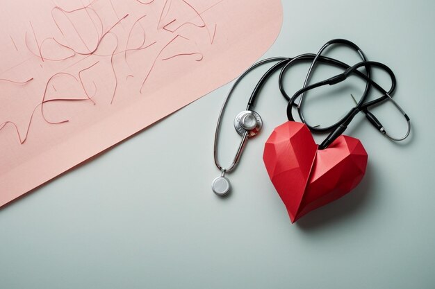 Vista superior do coração de papel com batimento cardíaco e estetoscópio para o dia do coração
