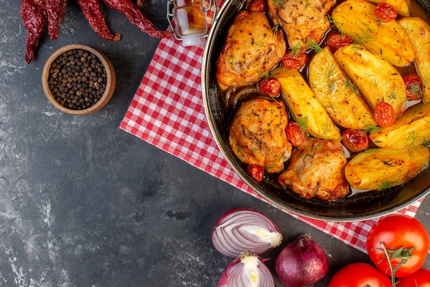 Vista superior do delicioso jantar com frangos batatas verdes em panela em toalha vermelha dobrada despojada pimentas secas vegetais garrafa de óleo caído