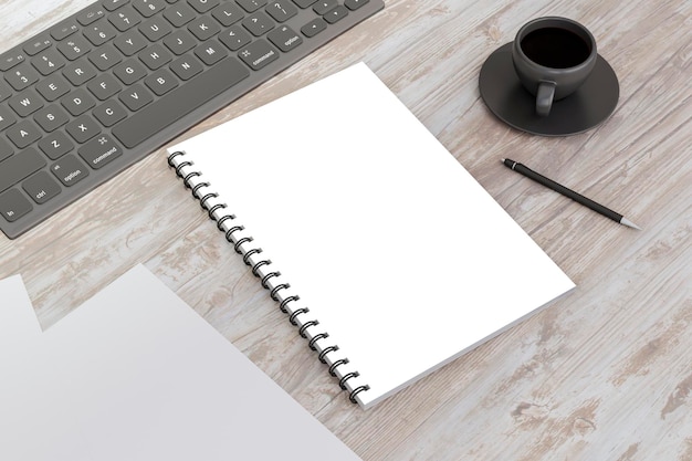 Vista superior do desktop de madeira com caneta de bloco de notas branco em branco e xícara de café Conceito de espaço de trabalho Renderização em 3D