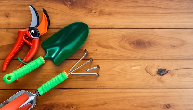 Vista superior do Green Thumb Essentials das ferramentas de jardinagem no piso de madeira Prepare-se para cultivar