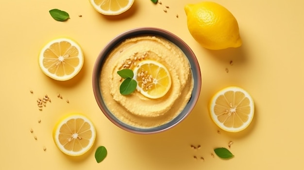 Vista superior do hummus com sabor de limão