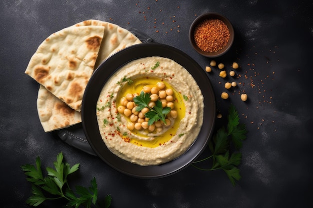 Vista superior do hummus, um molho de grão de bico apimentado, servido em um prato preto com pão pita achatado em pedra cinza