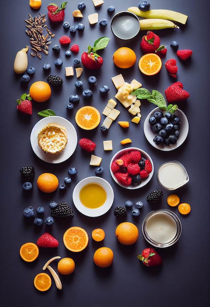 Vista superior do illustaion mix baga de alimentos saudáveis e frutas