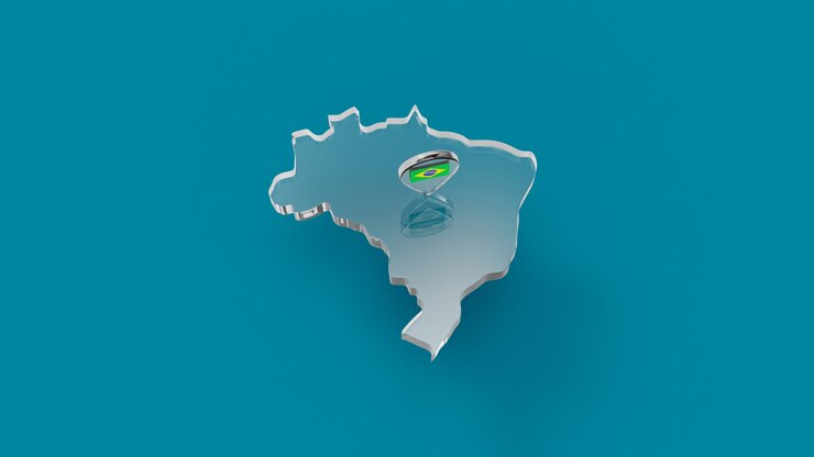 Foto vista superior do mapa do brasil com renderização 3d de cristal com fundo colorido