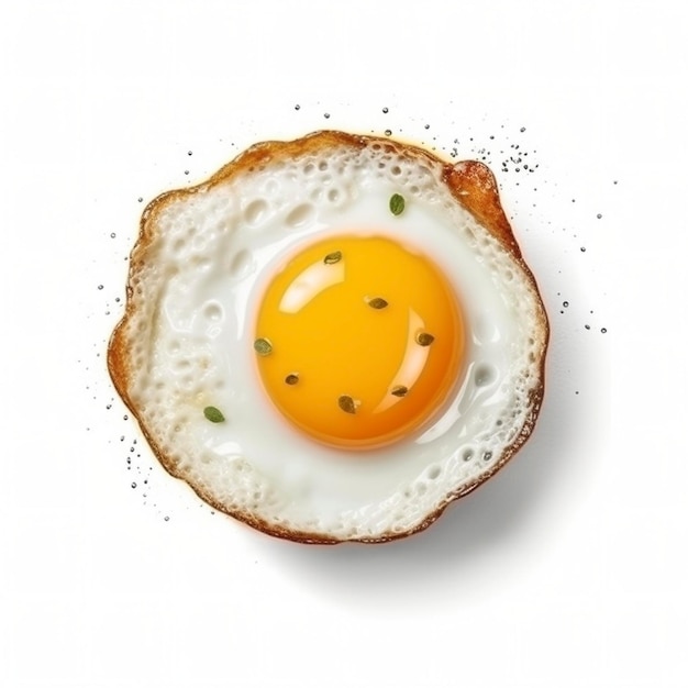 Vista superior do ovo frito em fundo branco criado com IA generativa