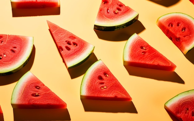 Foto vista superior do padrão de fatias de melancia sobre fundo amarelo conceito de fruta de verão