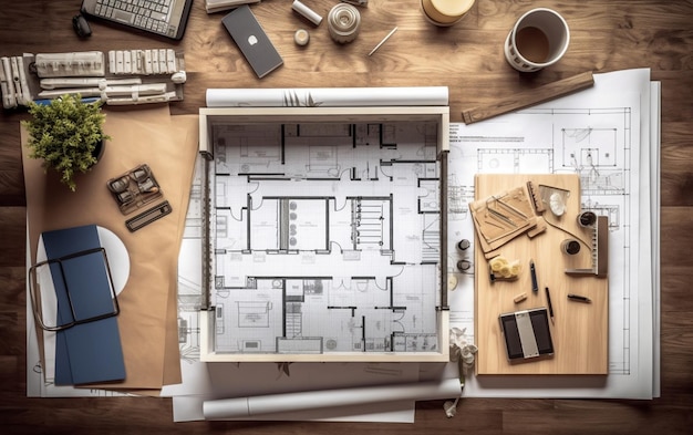 Foto vista superior do papel do plano da casa com ferramentas de reparo na mesa do escritório de arquitetura