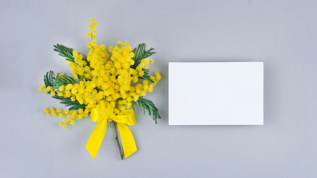 Vista superior do pequeno buquê de flores amarelas de mimosa com cartão branco em branco simulado