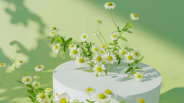 Foto vista superior do pódio geométrico branco e feverfew tanacetum parthenium fresco à luz ia generativa