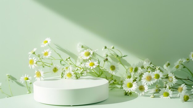 Foto vista superior do pódio geométrico branco e feverfew tanacetum parthenium fresco à luz ia generativa