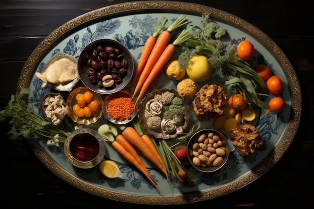 Vista superior do prato com cenouras e outros alimentos saudáveis