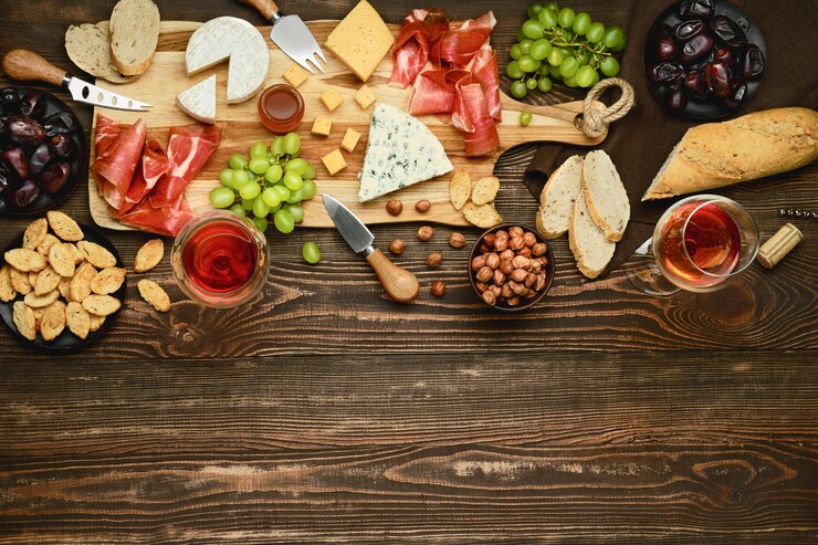 Foto vista superior do prato de queijo com presunto, uvas, mel, tâmaras, biscoitos, nozes e vinho