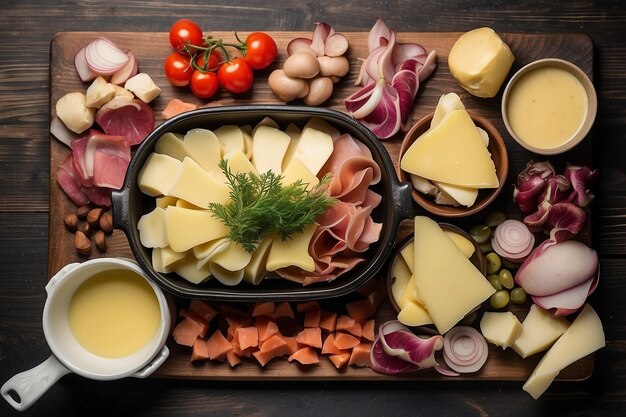 Foto vista superior do prato de raclette com ingredientes e comida deliciosa