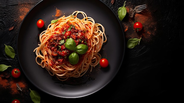 Vista superior do prato escuro com espaguete italiano no escuro