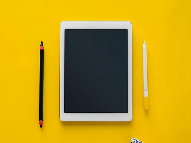 Vista superior do tablet digital com tela em branco sobre um fundo amarelo