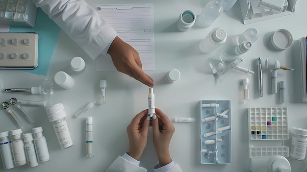 Vista superior de una doctora sosteniendo una jeringa con medicamentos en una mesa blanca
