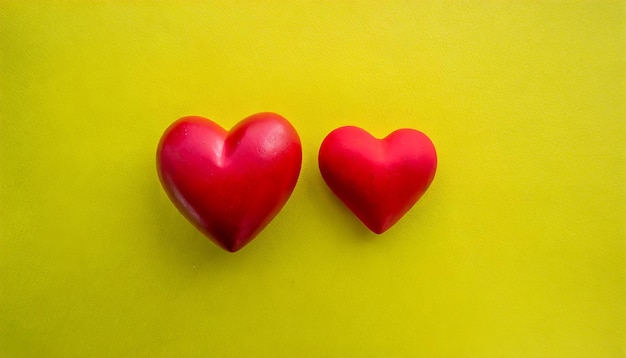 Vista superior dois forma de coração vermelho em fundo amarelo com espaço de cópia Pode ser usado para verificação do coração