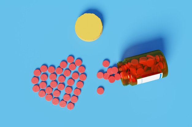 Vista superior dos comprimidos vermelhos derramando do frasco de comprimidos, formando um coração isolado na superfície azul.
