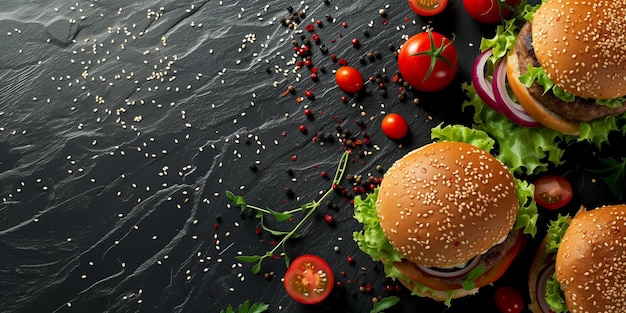 Foto vista superior de dos hamburguesas de carne de res artesanía con panes de sésamo, lechuga, tomate y cebolla en un fondo de pizarra negra adornadas con granos de pimienta y tomates cereza
