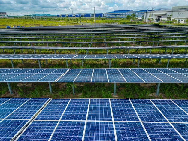 Vista superior dos painéis solares na fazenda Fonte alternativa de eletricidade painéis solares absorvem a luz solar como fonte de energia para gerar eletricidade criando energia sustentável