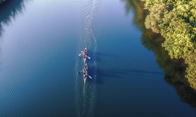 Foto vista superior de drones aéreos vista del hombre usando un bote sobre el río generative ai