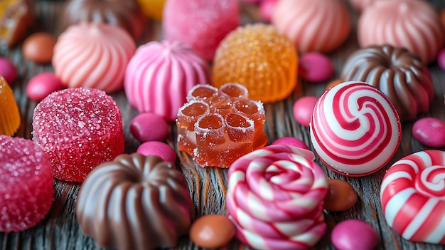 Vista superior dulce diferentes tipos de dulces de colores y piruletas