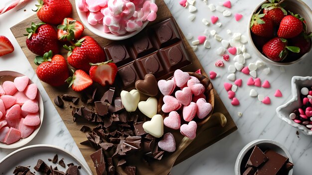 Vista superior dulces fresas chocolate y galletas adornan un tablero de charcutería para el Día de San Valentín