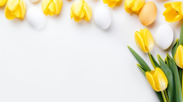 Vista superior de un elegante fondo blanco de primavera con tulipanes amarillos y huevos de Pascua desde el espacio de copia plantilla aérea de maqueta