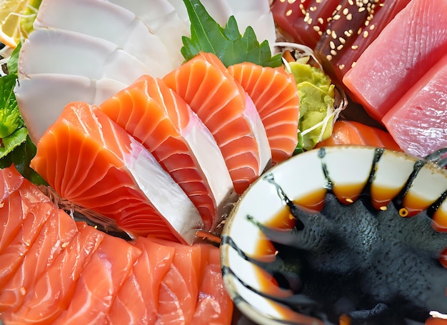 Foto vista superior em close-up dos ingredientes sashimi set salmão atum comida japonesa