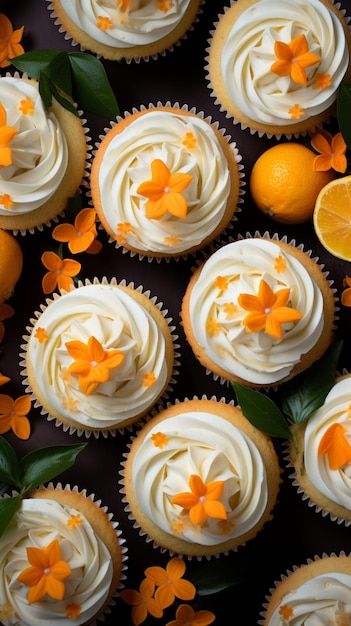 Vista superior em deliciosos cupcakes de laranja