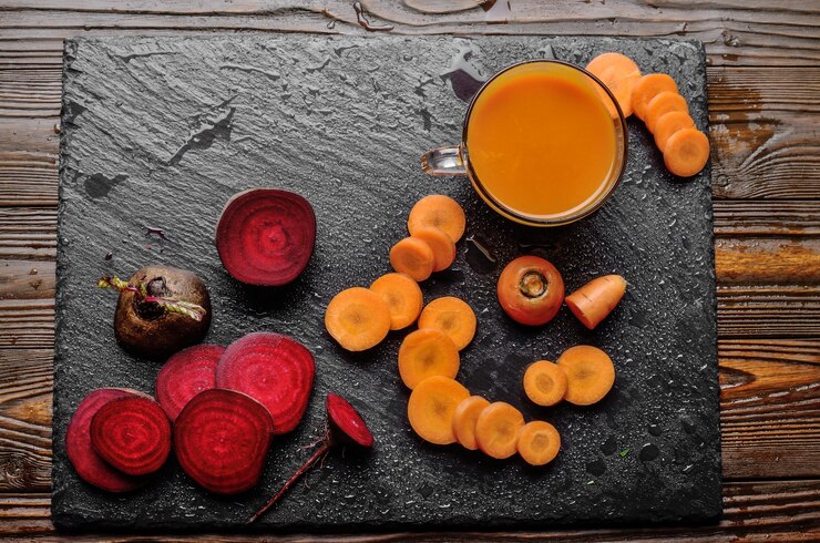 Foto vista superior em fundo vegetal de beterraba cenoura e suco na mesa de cozinha vista de perto