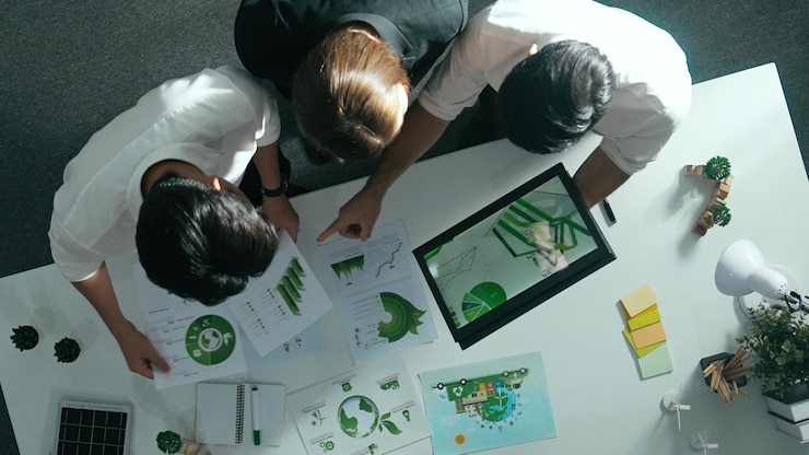 Foto vista superior de un empresario y un gerente hablando sobre la alimentación de energía limpia
