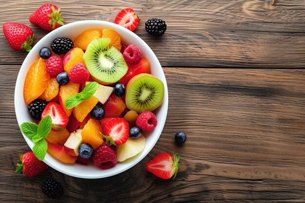 vista superior ensalada de frutas en un cuenco blanco en la mesa marrón