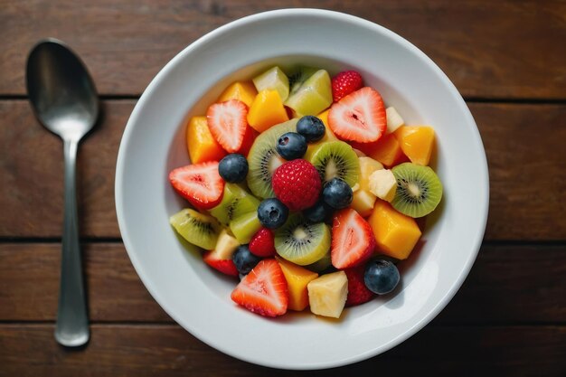 vista superior ensalada de frutas en un cuenco blanco en la mesa marrón