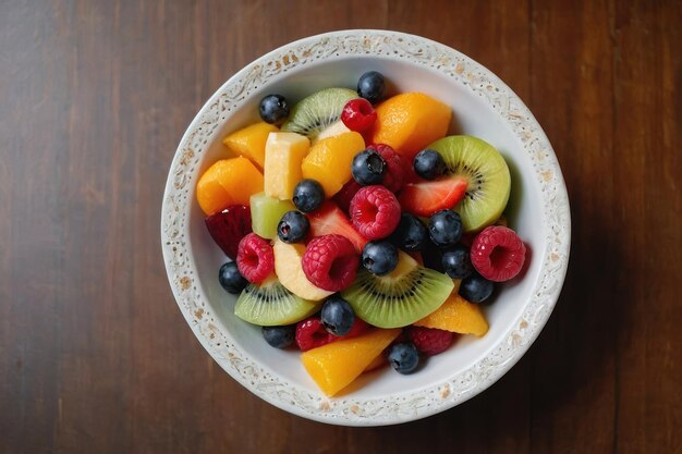 vista superior ensalada de frutas en un cuenco blanco en la mesa marrón