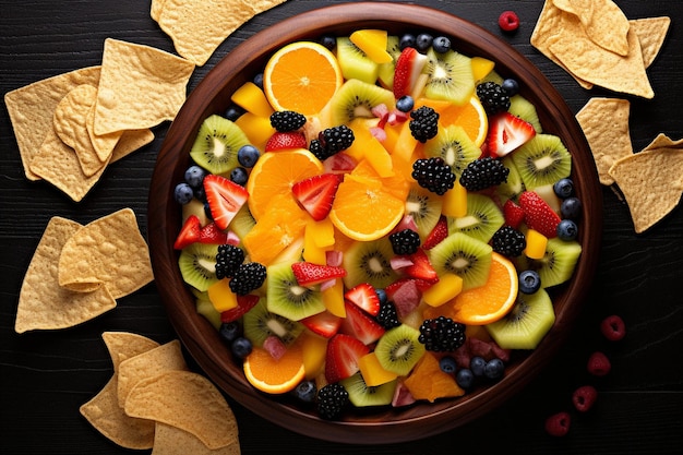 Foto vista superior de la ensalada de frutas en las tortillas