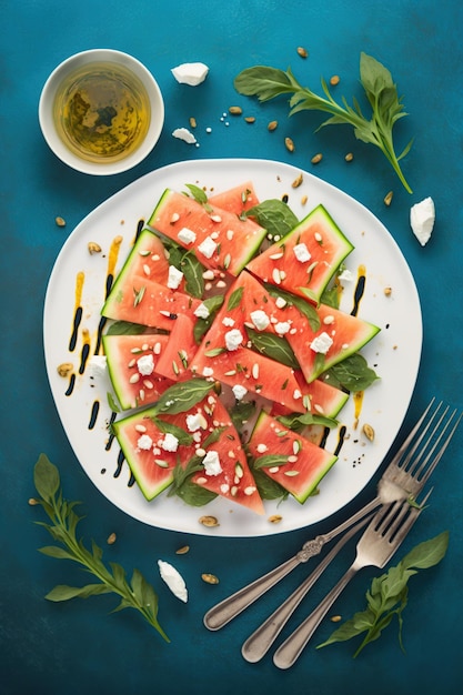 Vista superior de ensalada de sandía con rúcula y queso feta