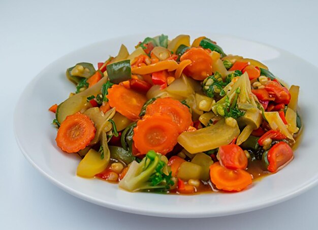 Vista superior de una ensalada de verduras frescas y saludables sobre un fondo blanco