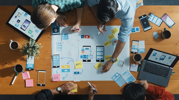 Vista superior del equipo de desarrolladores compartiendo el diseño ux utilizando la convocatoria de mapas mentales