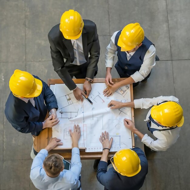 Vista superior del equipo de ingeniería que planea el trabajo de construcción durante una reunión Imagen aérea de arquitectos