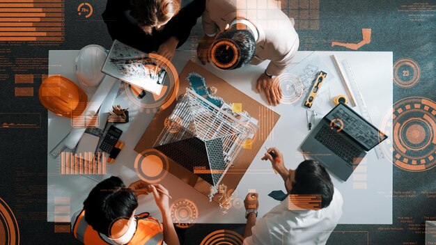 Vista superior del equipo de ingenieros inteligentes que trabajan juntos para diseñar la casa Alimentation