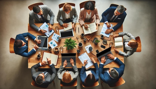 Vista superior de un equipo de negocios diverso que participa activamente en una sesión de planificación estratégica alrededor de una mesa de conferencias llena de documentos y computadoras portátiles